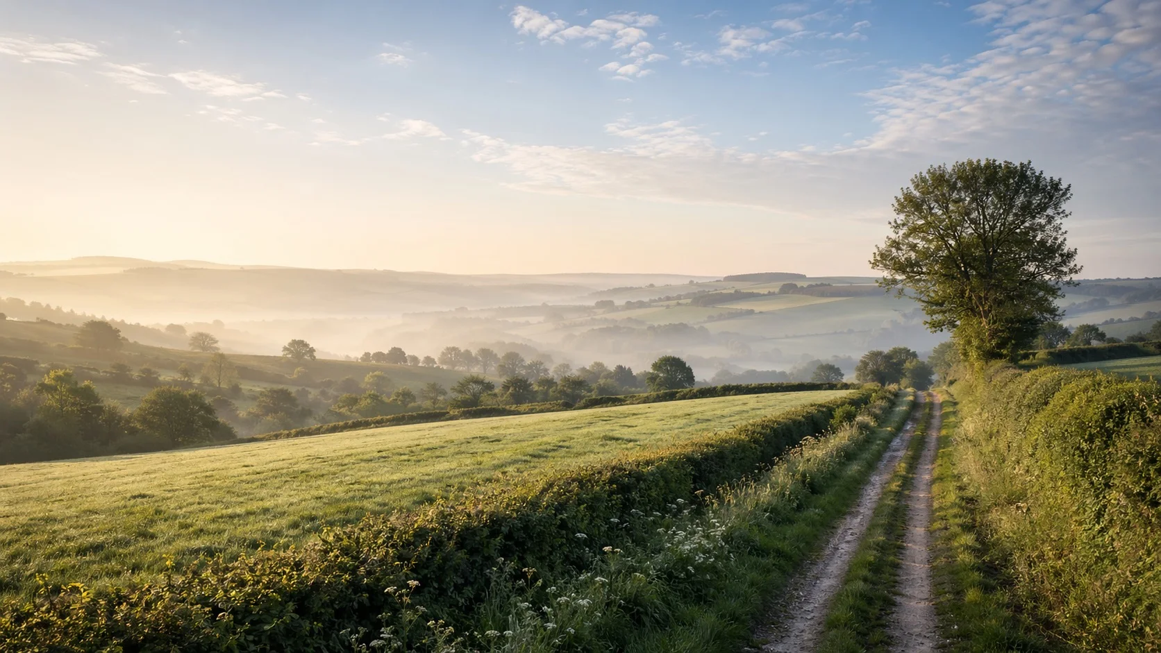 English countryside field used as a visual cue for calm agent oversight.