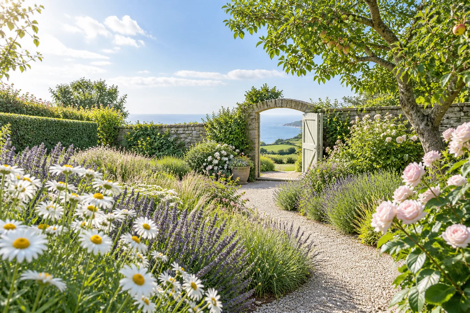 An imagined English garden, with a sunlit path opening towards the sea.